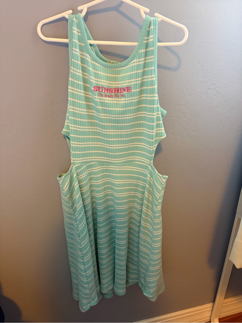btween Mint and White Striped Tank Dress with Pink 'SUNSHINE' Embroidery
